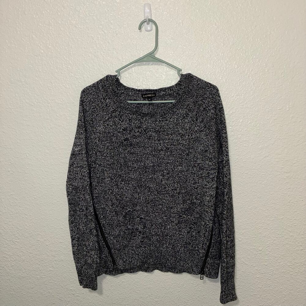 Express Womans Sweater Distressed Holes Side Zippers Black White